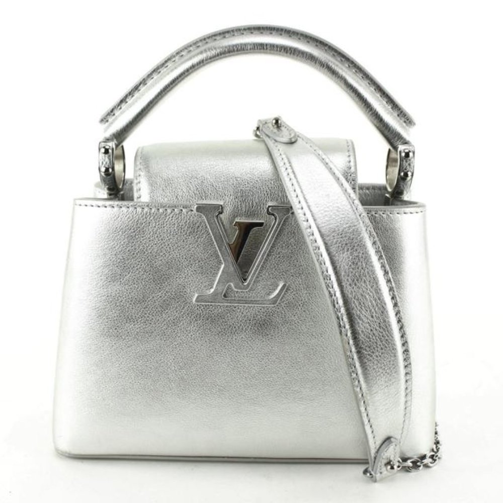 Louis Vuitton Metallic Calfskin Mini Capucines Silver Crossbody Chain Bag 65lk71